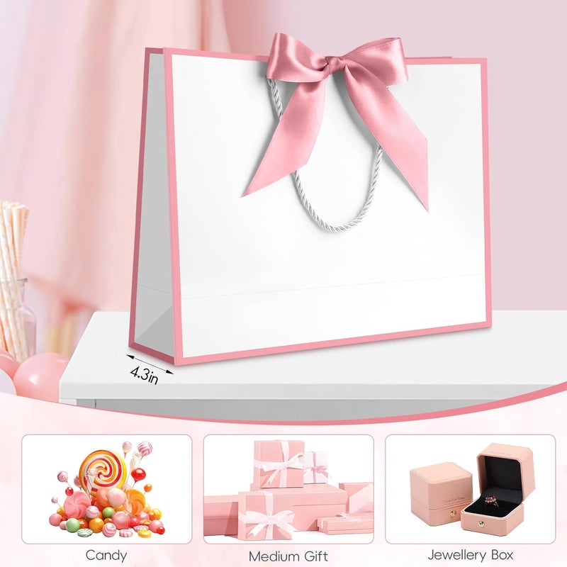 JMANNI 1PCS Large Gift Bag with Ribbon and 1 Greeting Card 2 Tissue Papers, Portable Paper Gift Bag with Handles, Birthday Present Bags for Wedding Party,Mothers Day12.6" x 9.8" x 3.9"(White-Pink - Image 4